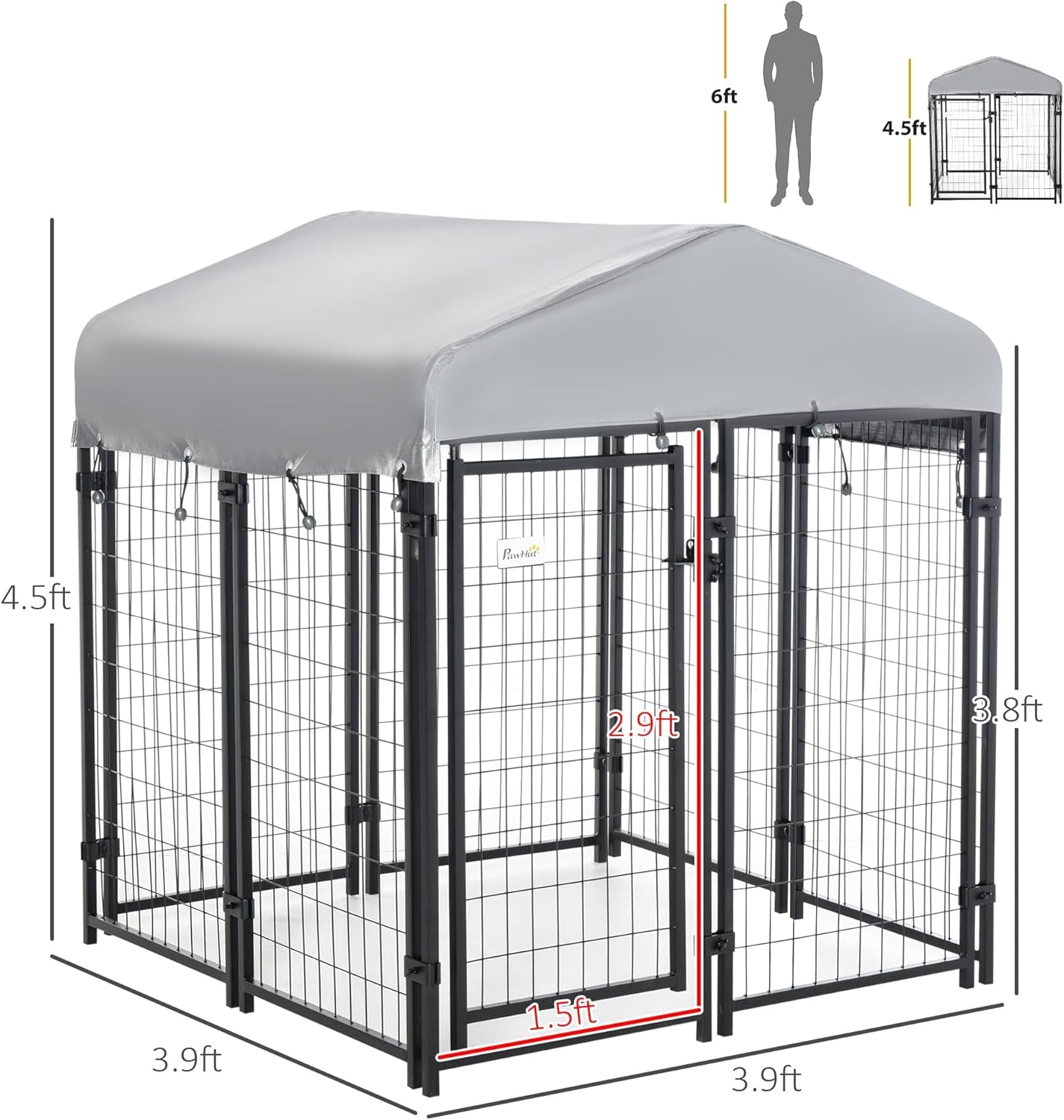 Outdoor Dog Kennel with Roof, 4' X 4' X 4.5' Heavy Duty Welded Wire Dog Playpen Enclosure with Escape-Proof Lock, Uv-Resistant & Waterproof Cover, for Medium Dogs, Chickens, Ducks, Silver