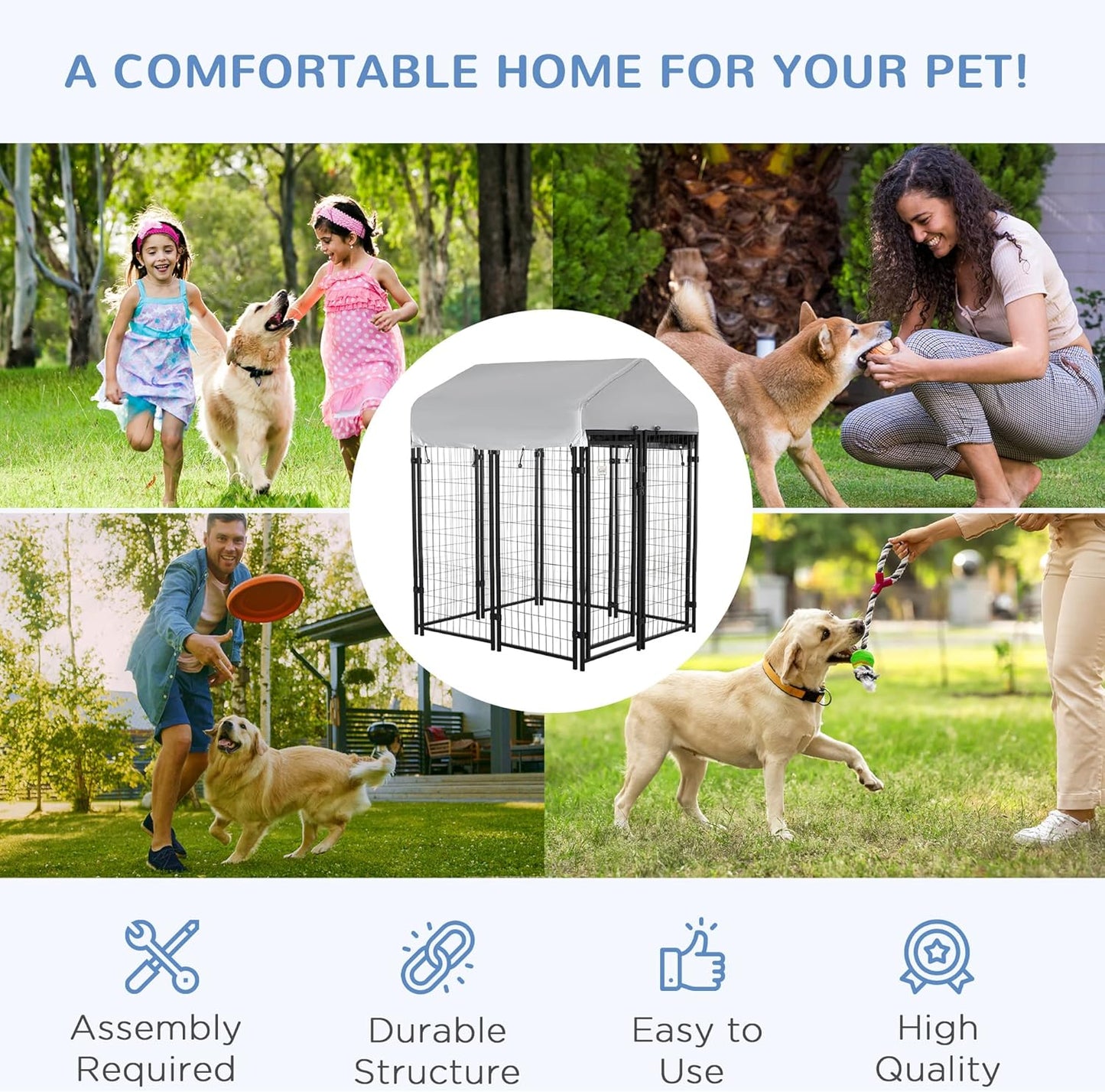 Outdoor Dog Kennel with Roof, 4' X 4' X 4.5' Heavy Duty Welded Wire Dog Playpen Enclosure with Escape-Proof Lock, Uv-Resistant & Waterproof Cover, for Medium Dogs, Chickens, Ducks, Silver