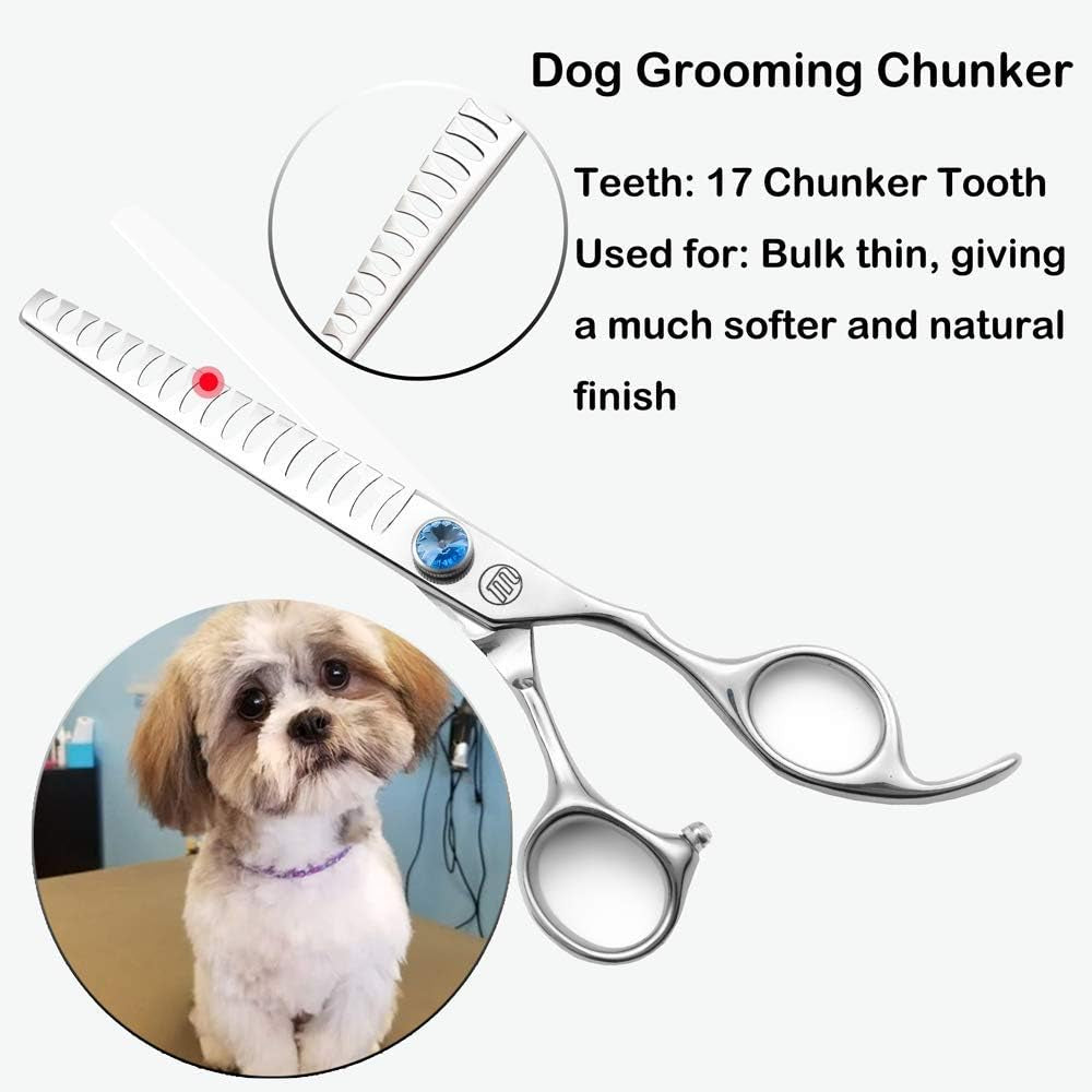 Professional Dog Grooming Straight, Curved, Thinning/Blending/Chunking Scissors Kit, JP-440C Stainless Steel Pet Cat Hair Cutting/Trimming Shears, Silver