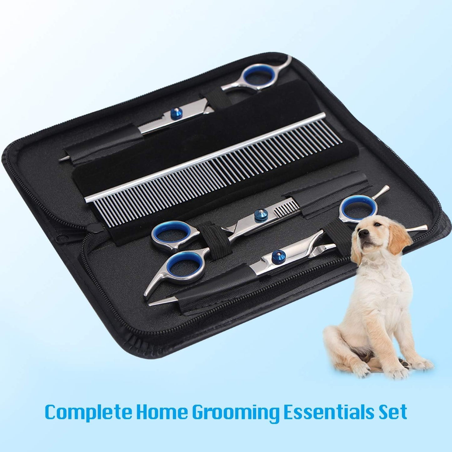 Dog Grooming Scissors Kit, Heavy Duty Titanium Stainless Steel Professional Pet Grooming Scissors Kit with Comb, Straight Scissors, Curved Scissors, Thinning Shears for Dogs and Cats
