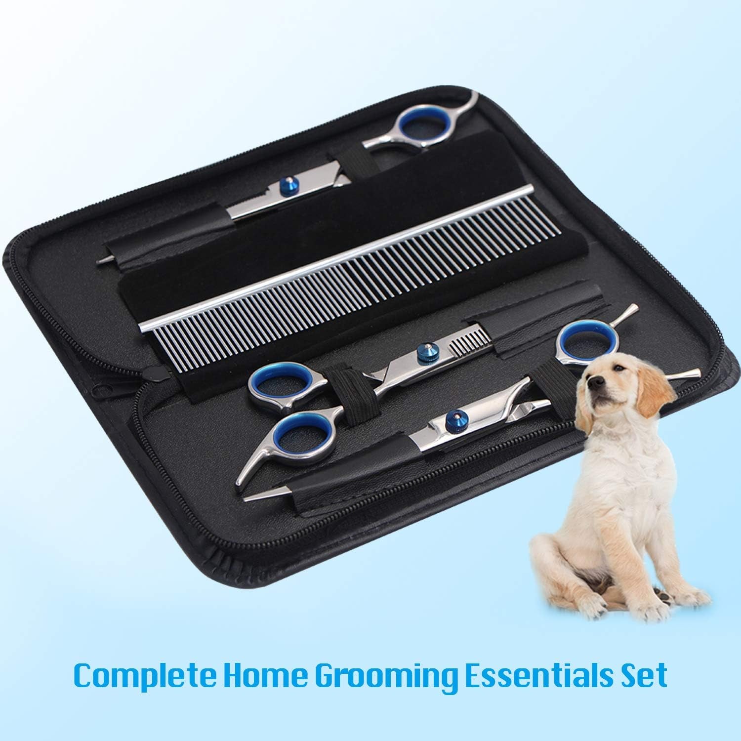 Dog Grooming Scissors Kit, Heavy Duty Titanium Stainless Steel Professional Pet Grooming Scissors Kit with Comb, Straight Scissors, Curved Scissors, Thinning Shears for Dogs and Cats