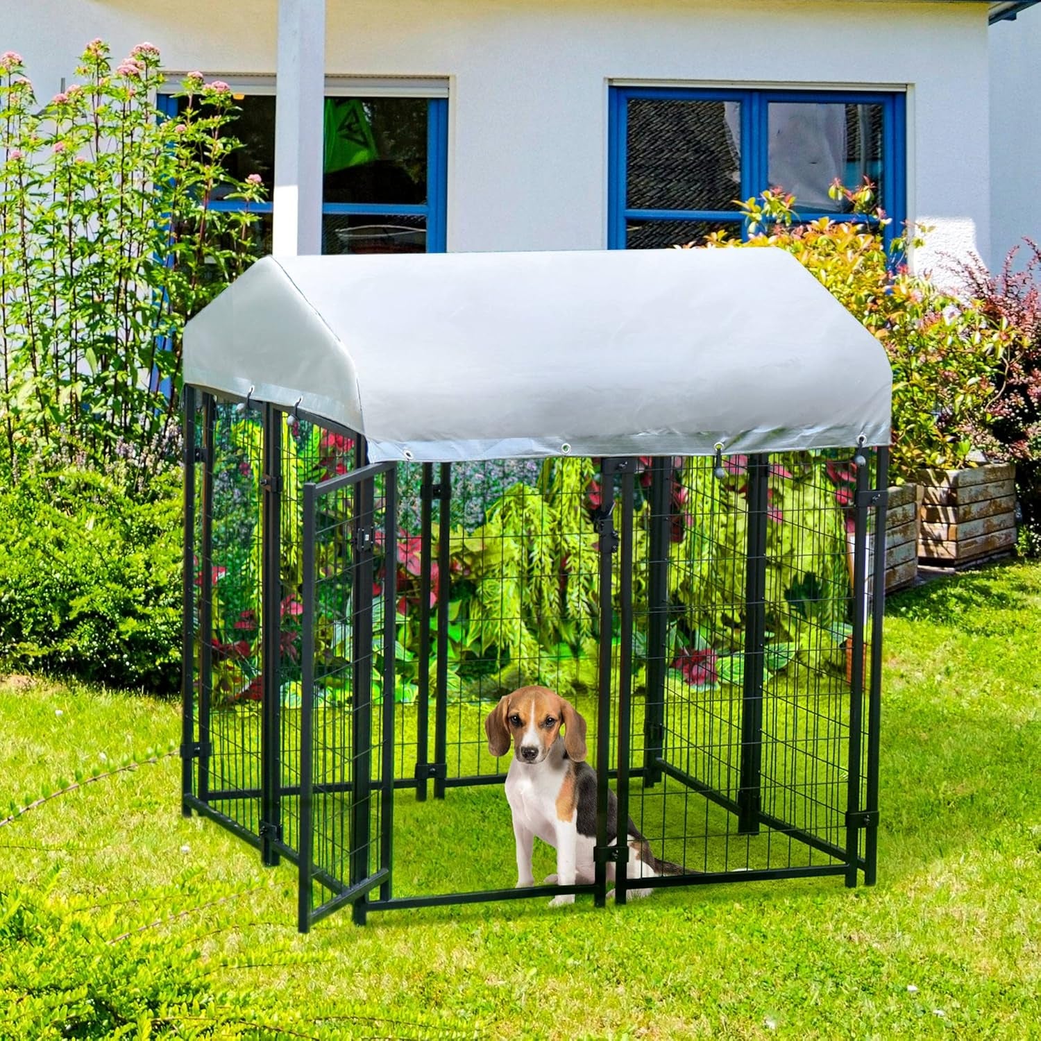 Outdoor Dog Kennel with Roof, 4' X 4' X 4.5' Heavy Duty Welded Wire Dog Playpen Enclosure with Escape-Proof Lock, Uv-Resistant & Waterproof Cover, for Medium Dogs, Chickens, Ducks, Silver