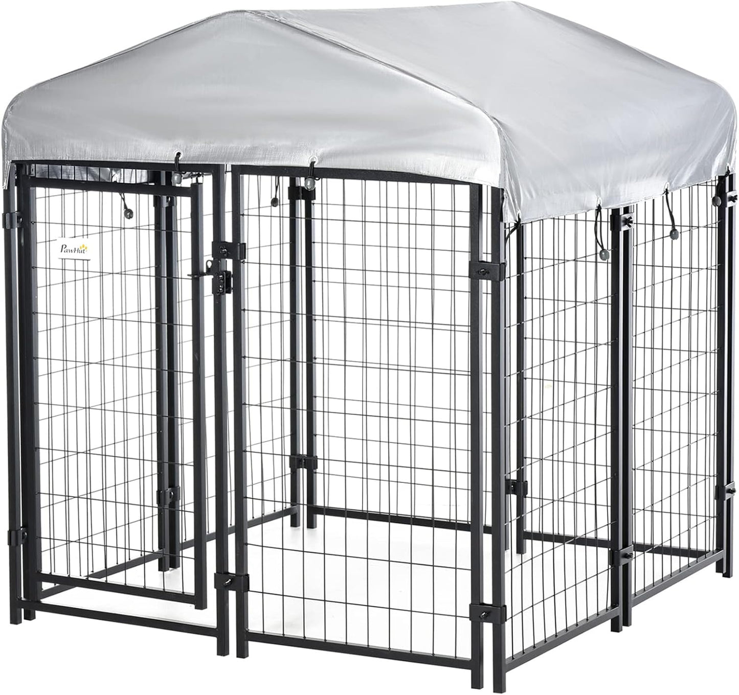 Outdoor Dog Kennel with Roof, 4' X 4' X 4.5' Heavy Duty Welded Wire Dog Playpen Enclosure with Escape-Proof Lock, Uv-Resistant & Waterproof Cover, for Medium Dogs, Chickens, Ducks, Silver