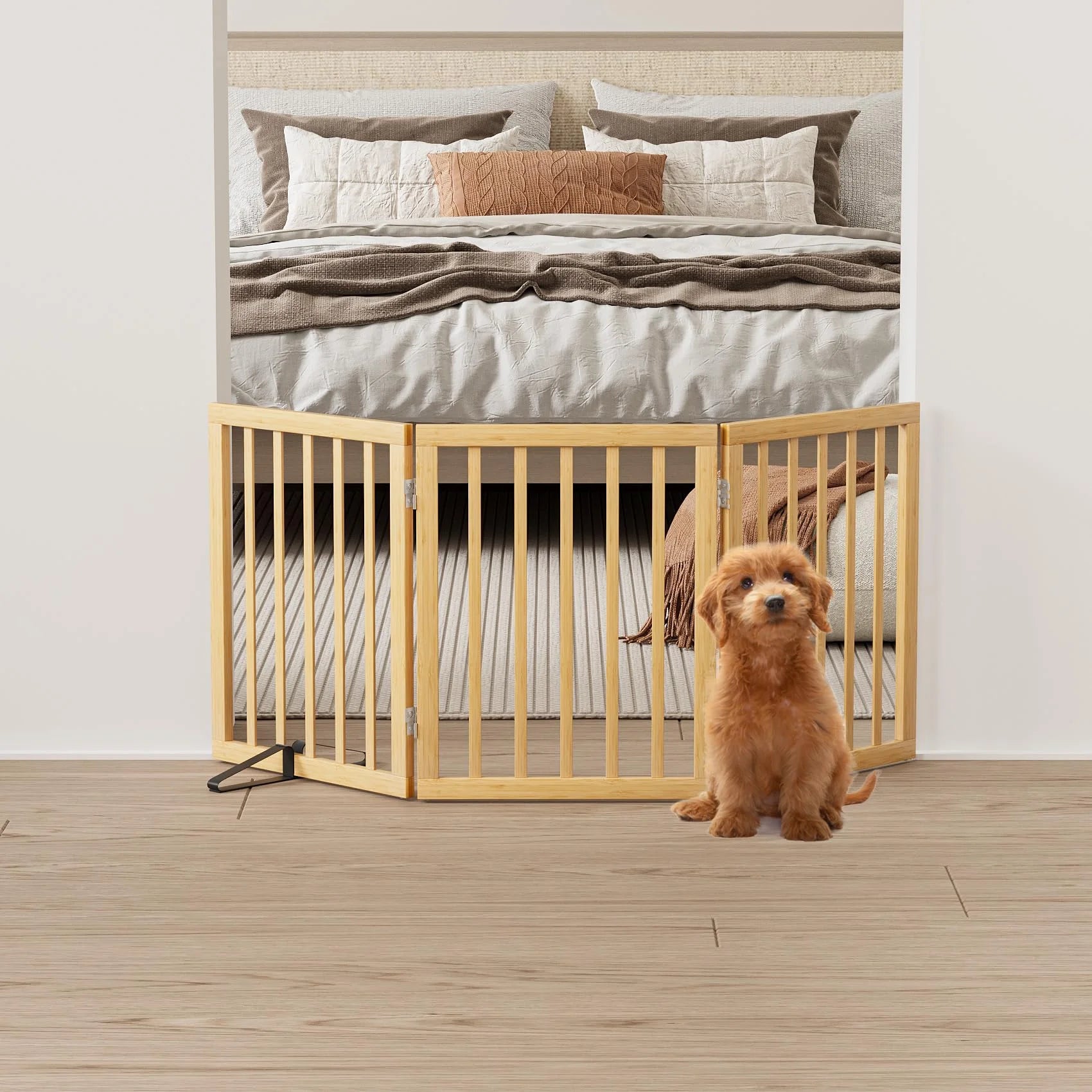 Bamboo Dog Gate Freestanding Pet Gate with 2 Support Feet for Doorways,Natural,24"H
