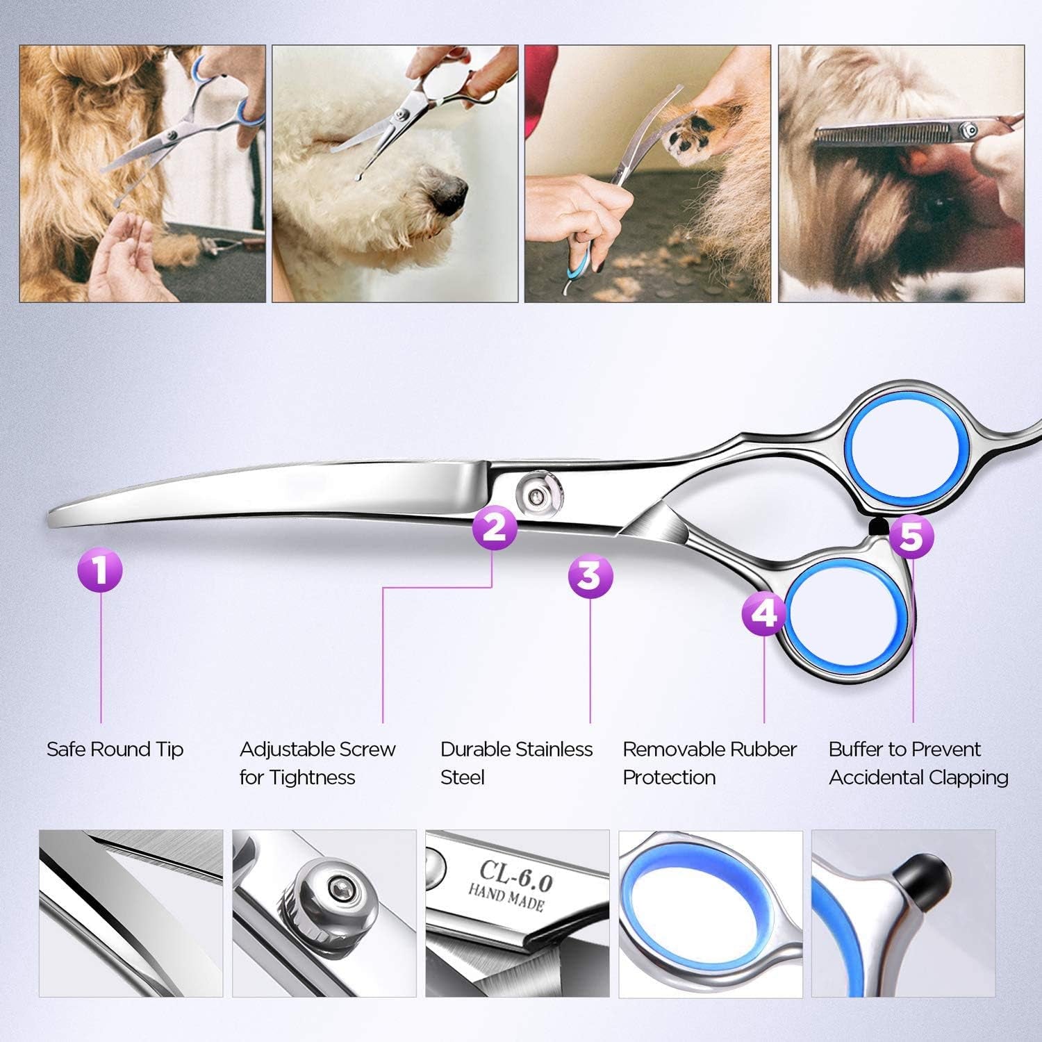 Dog Grooming Scissors Kit, Heavy Duty Titanium Stainless Steel Professional Pet Grooming Scissors Kit with Comb, Straight Scissors, Curved Scissors, Thinning Shears for Dogs and Cats
