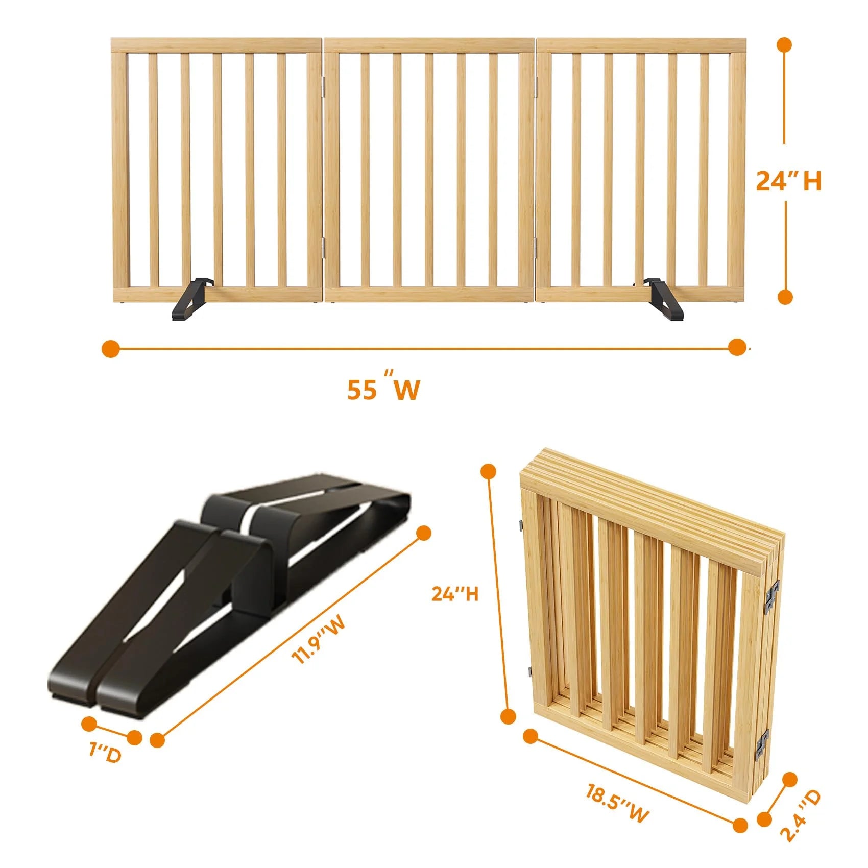 Bamboo Dog Gate Freestanding Pet Gate with 2 Support Feet for Doorways,Natural,24"H