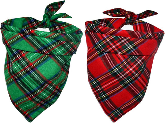 2 Pack Dog Bandana Christmas Classic Plaid Pets Scarf Triangle Bibs Kerchief Set Pet Costume Accessories Decoration for Small Medium Large Dogs Cats Pets (Green + Red, Large)