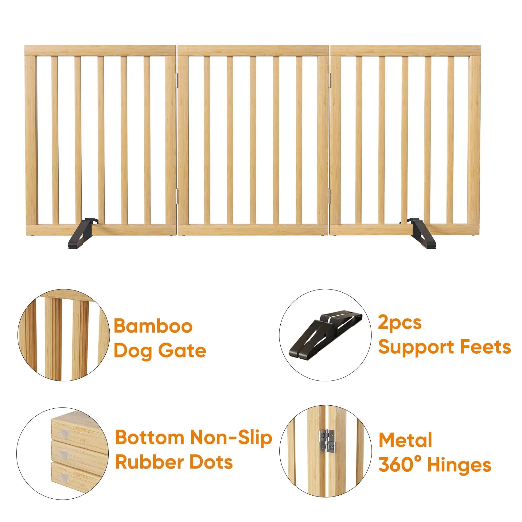 Bamboo Dog Gate Freestanding Pet Gate with 2 Support Feet for Doorways,Natural,24"H