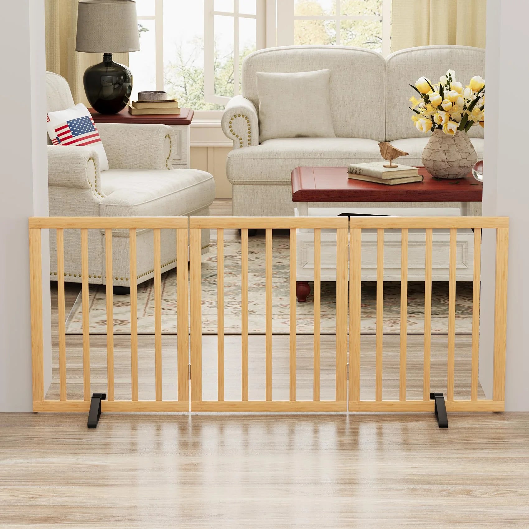 Bamboo Dog Gate Freestanding Pet Gate with 2 Support Feet for Doorways,Natural,24"H