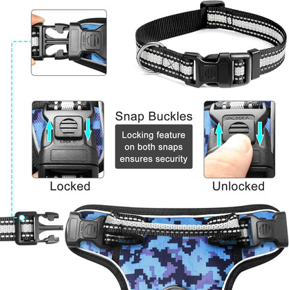 Dog Harness No Pull, Pet Harnesses with Dog Collar, Adjustable Reflective Oxford Outdoor Vest, Front/Back Leash Clips for Small, Medium, Large, Extra Large Dogs, Easy Control Handle for Walking