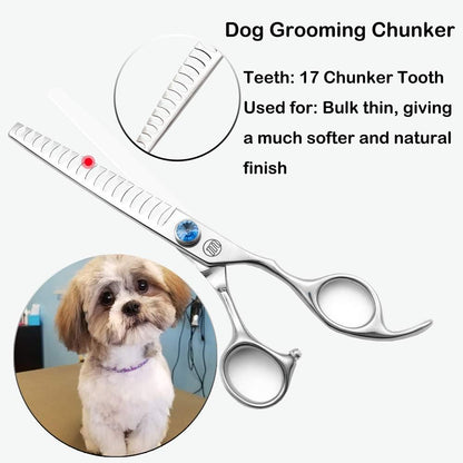 Professional Dog Grooming Straight, Curved, Thinning/Blending/Chunking Scissors Kit, JP-440C Stainless Steel Pet Cat Hair Cutting/Trimming Shears, Silver