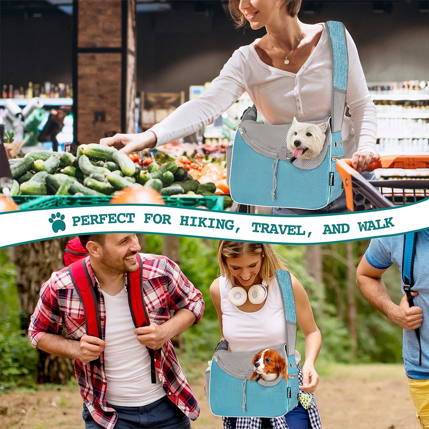 Small Dog Sling Carrier, Soft-Sided Crossbody Puppy Carrying Purse Bag, Adjustable Sling Pet Pouch to Wear Medium Dog Cat Travel, Dog Bag for Traveling, Poop Bag Dispenser, Max 10 Lbs, Blue