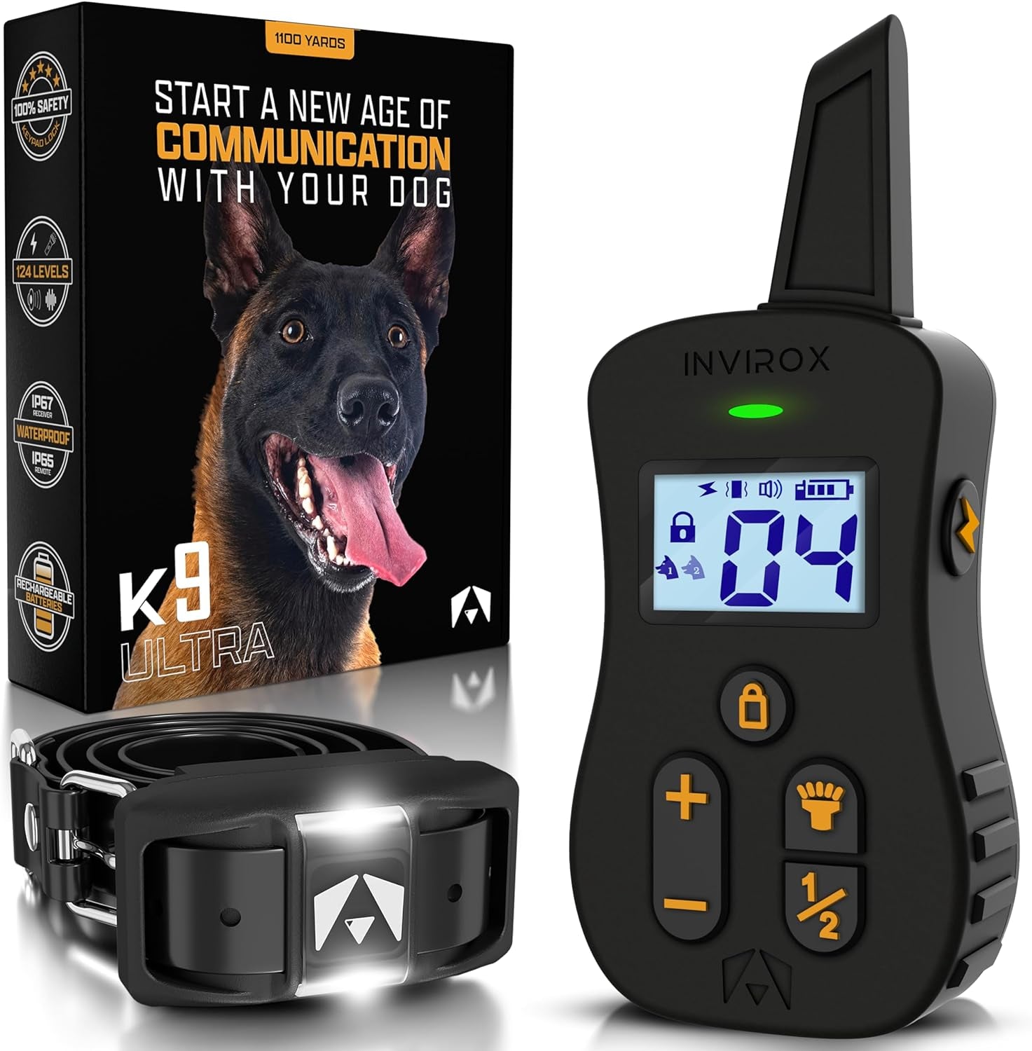 Dog Shock Collar [Ultra K9] 124 Training Levels, 4 Powerful Modes with Night-Light and ¾ Mile Range 100% Safe Dog Training Collar for Large Dogs IP67 Waterproof (Black)