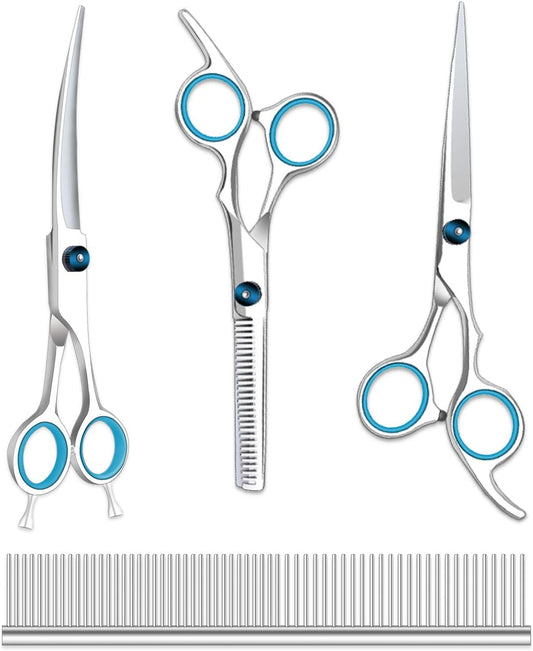 Dog Grooming Scissors Kit, Heavy Duty Titanium Stainless Steel Professional Pet Grooming Scissors Kit with Comb, Straight Scissors, Curved Scissors, Thinning Shears for Dogs and Cats