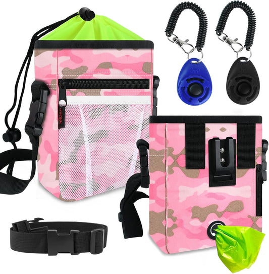 Dog Treat Pouch with 2 Pieces Pet Training Clickers Dog Training Treat Pouch-Hands-Free Design-Easily Carries Treats Pet Toys Personal Items-4 Ways to Wear Perfect for Walking or Training
