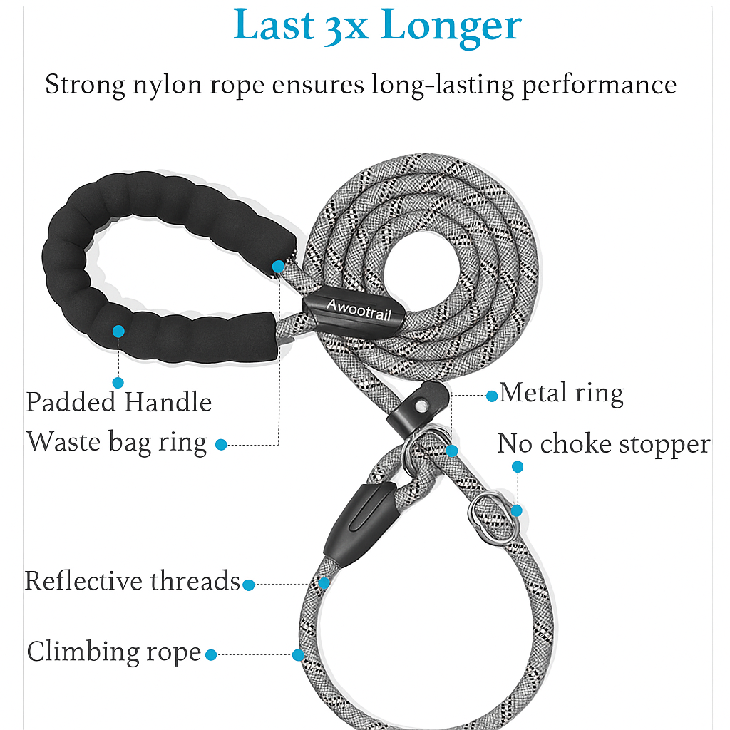 Slip Lead Dog Leash 6FT – Durable Training Rope with Padded Handle