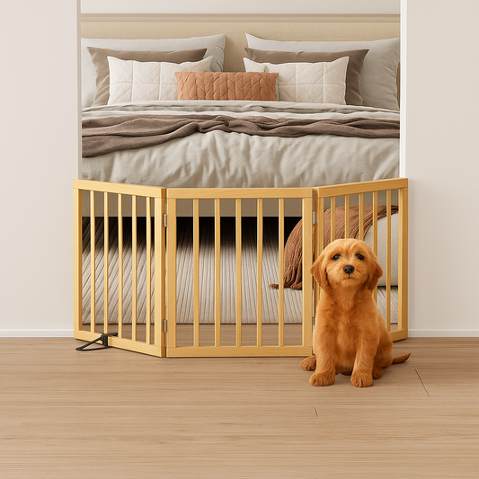Freestanding Bamboo Dog Gate – Adjustable Pet Barrier with Support Feet for Doorways