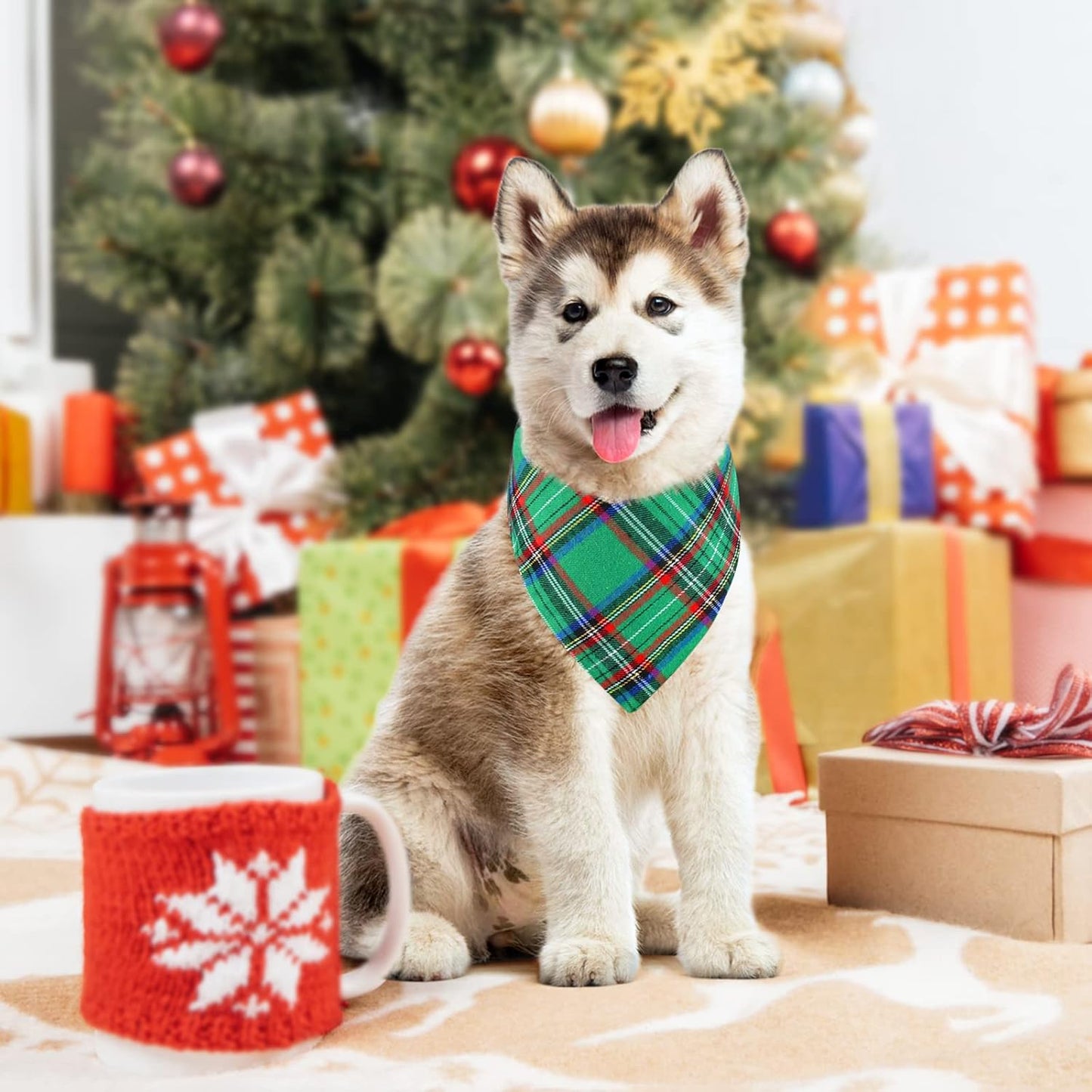 2 Pack Dog Bandana Christmas Classic Plaid Pets Scarf Triangle Bibs Kerchief Set Pet Costume Accessories Decoration for Small Medium Large Dogs Cats Pets (Green + Red, Large)