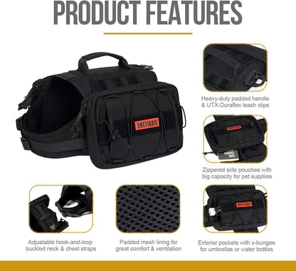 TrekPaw™ Tactical Dog Backpack – Hiking Saddle Bag for Medium & Large Dogs (Black)