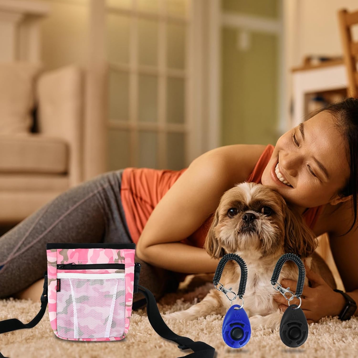 Dog Treat Pouch with 2 Pieces Pet Training Clickers Dog Training Treat Pouch-Hands-Free Design-Easily Carries Treats Pet Toys Personal Items-4 Ways to Wear Perfect for Walking or Training