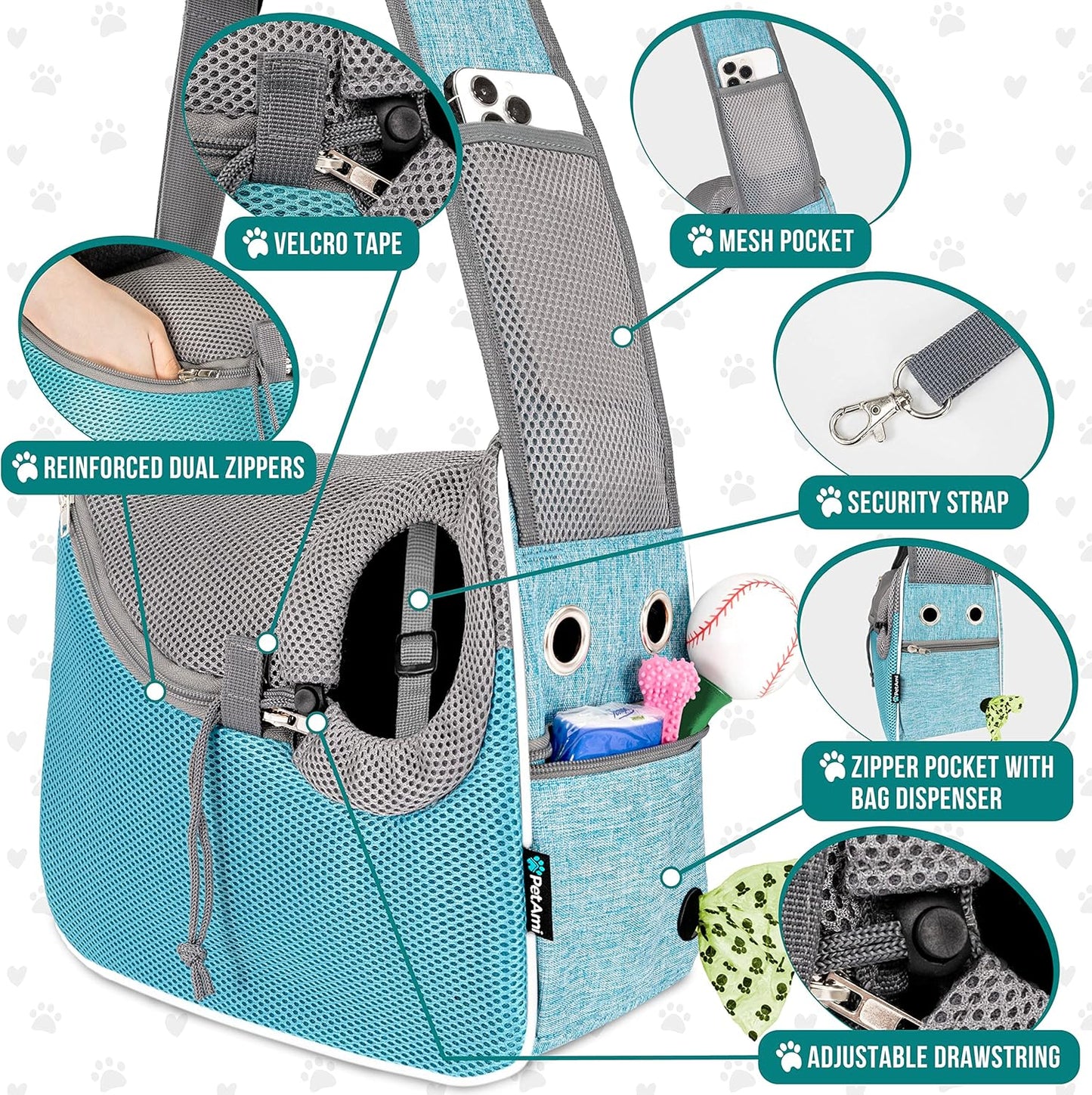 Small Dog Sling Carrier, Soft-Sided Crossbody Puppy Carrying Purse Bag, Adjustable Sling Pet Pouch to Wear Medium Dog Cat Travel, Dog Bag for Traveling, Poop Bag Dispenser, Max 10 Lbs, Blue