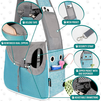 Small Dog Sling Carrier, Soft-Sided Crossbody Puppy Carrying Purse Bag, Adjustable Sling Pet Pouch to Wear Medium Dog Cat Travel, Dog Bag for Traveling, Poop Bag Dispenser, Max 10 Lbs, Blue