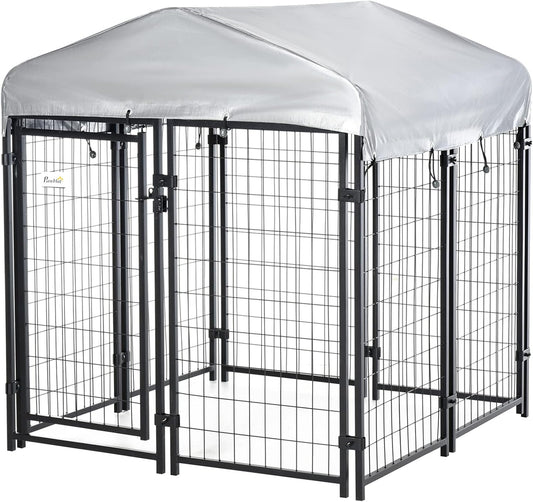 Outdoor Dog Kennel with Roof, 4' X 4' X 4.5' Heavy Duty Welded Wire Dog Playpen Enclosure with Escape-Proof Lock, Uv-Resistant & Waterproof Cover, for Medium Dogs, Chickens, Ducks, Silver