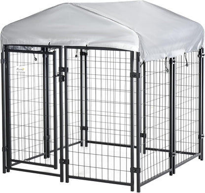 Outdoor Dog Kennel with Roof, 4' X 4' X 4.5' Heavy Duty Welded Wire Dog Playpen Enclosure with Escape-Proof Lock, Uv-Resistant & Waterproof Cover, for Medium Dogs, Chickens, Ducks, Silver