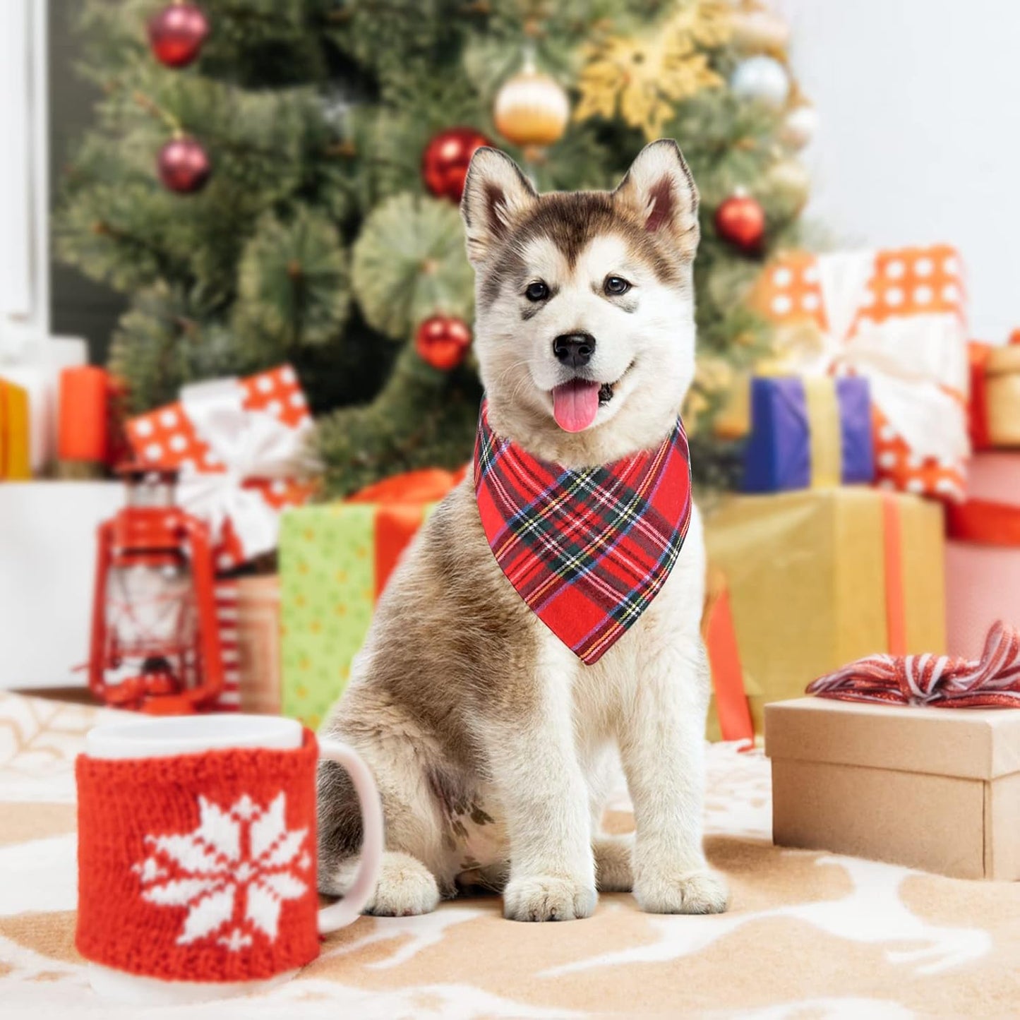 2 Pack Dog Bandana Christmas Classic Plaid Pets Scarf Triangle Bibs Kerchief Set Pet Costume Accessories Decoration for Small Medium Large Dogs Cats Pets (Green + Red, Large)