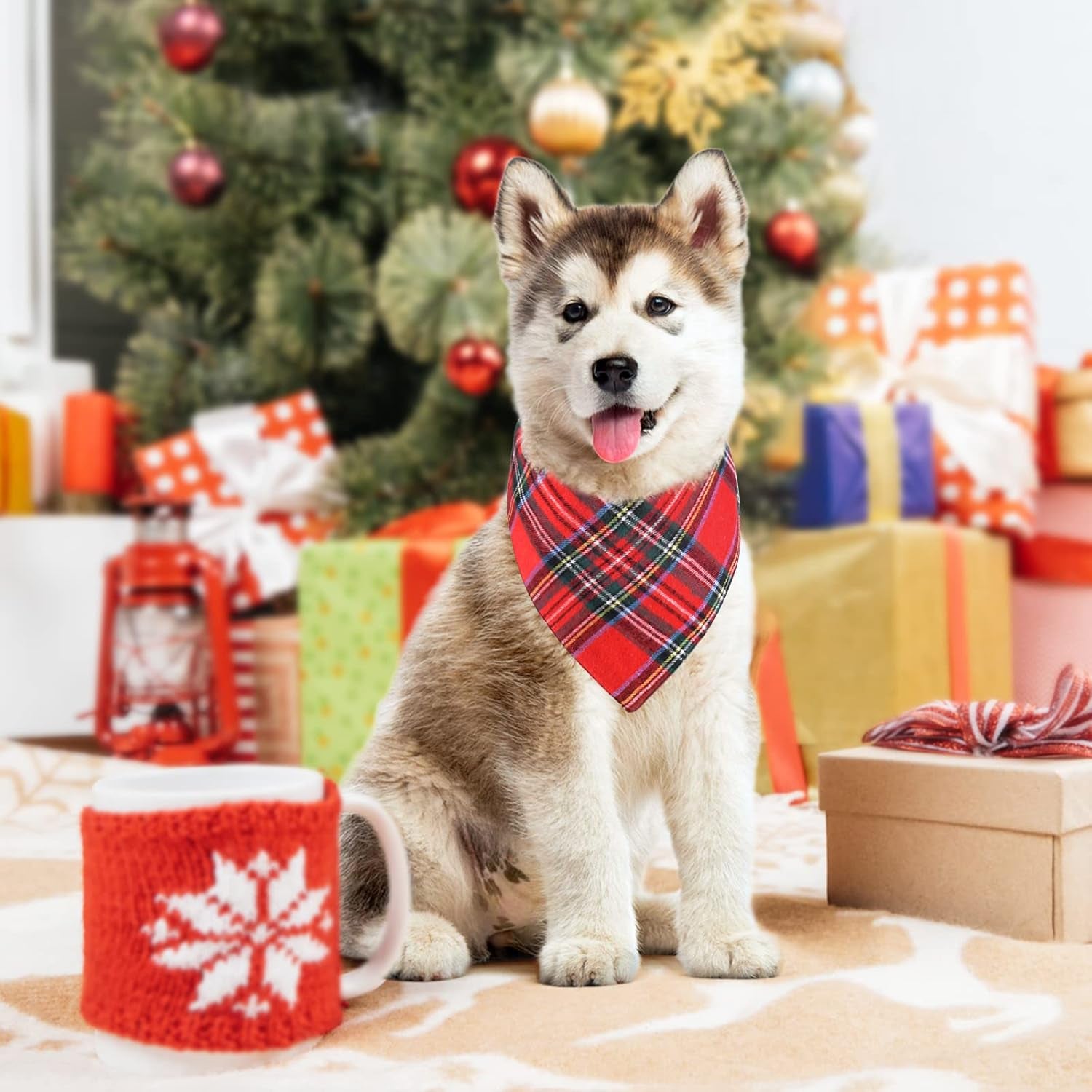 2 Pack Dog Bandana Christmas Classic Plaid Pets Scarf Triangle Bibs Kerchief Set Pet Costume Accessories Decoration for Small Medium Large Dogs Cats Pets (Green + Red, Large)