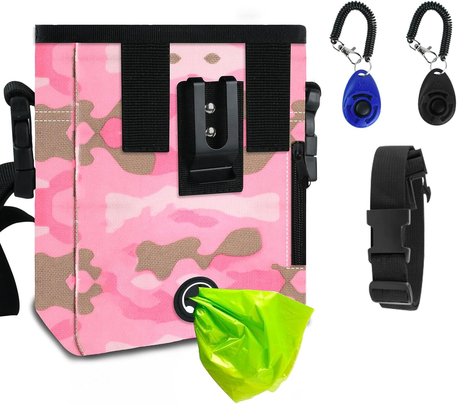 Dog Treat Pouch with 2 Pieces Pet Training Clickers Dog Training Treat Pouch-Hands-Free Design-Easily Carries Treats Pet Toys Personal Items-4 Ways to Wear Perfect for Walking or Training