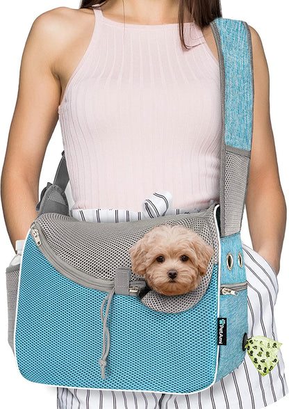 Small Dog Sling Carrier, Soft-Sided Crossbody Puppy Carrying Purse Bag, Adjustable Sling Pet Pouch to Wear Medium Dog Cat Travel, Dog Bag for Traveling, Poop Bag Dispenser, Max 10 Lbs, Blue