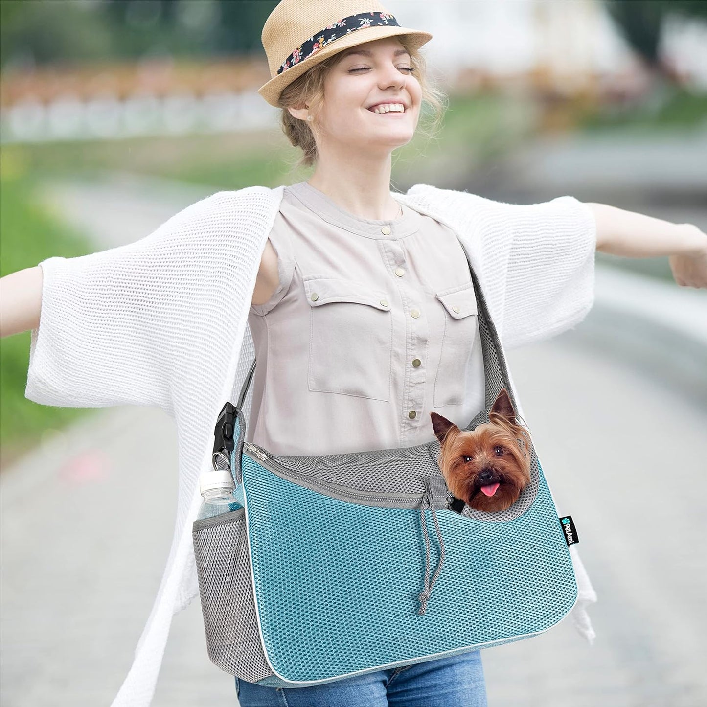 Small Dog Sling Carrier, Soft-Sided Crossbody Puppy Carrying Purse Bag, Adjustable Sling Pet Pouch to Wear Medium Dog Cat Travel, Dog Bag for Traveling, Poop Bag Dispenser, Max 10 Lbs, Blue