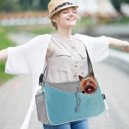Small Dog Sling Carrier, Soft-Sided Crossbody Puppy Carrying Purse Bag, Adjustable Sling Pet Pouch to Wear Medium Dog Cat Travel, Dog Bag for Traveling, Poop Bag Dispenser, Max 10 Lbs, Blue