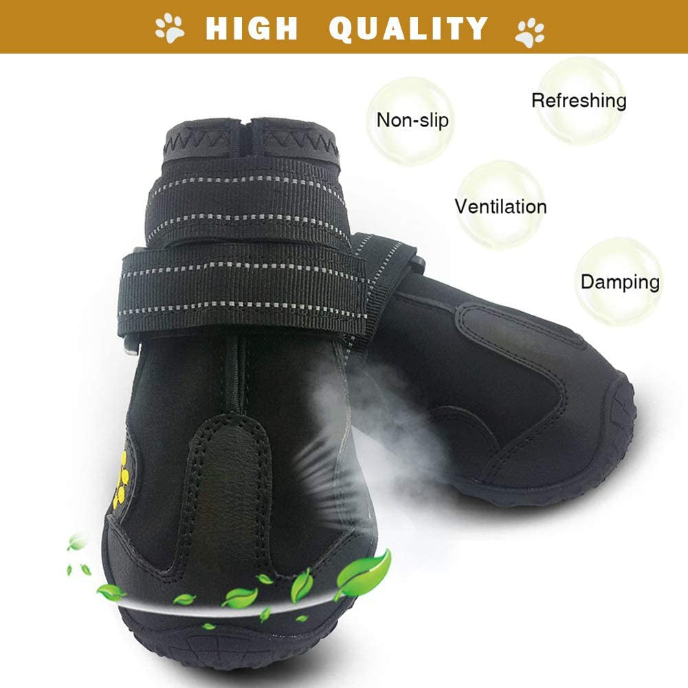 Waterproof Dog Boots, Dog Outdoor Shoes for Medium to Large Dogs with Two Reflective Fastening Straps and Rugged Anti-Slip Sole (3.15" X 2.95",Black 4PCS).