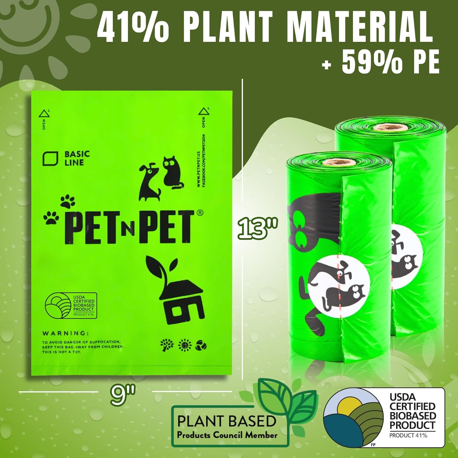 Dog Poop Bags - USDA Certified 41% Plant-Based Doggy Poop Bags - Leak-Proof Sac Caca Chien Refill Rolls (1080 Count, Unscented, Green)