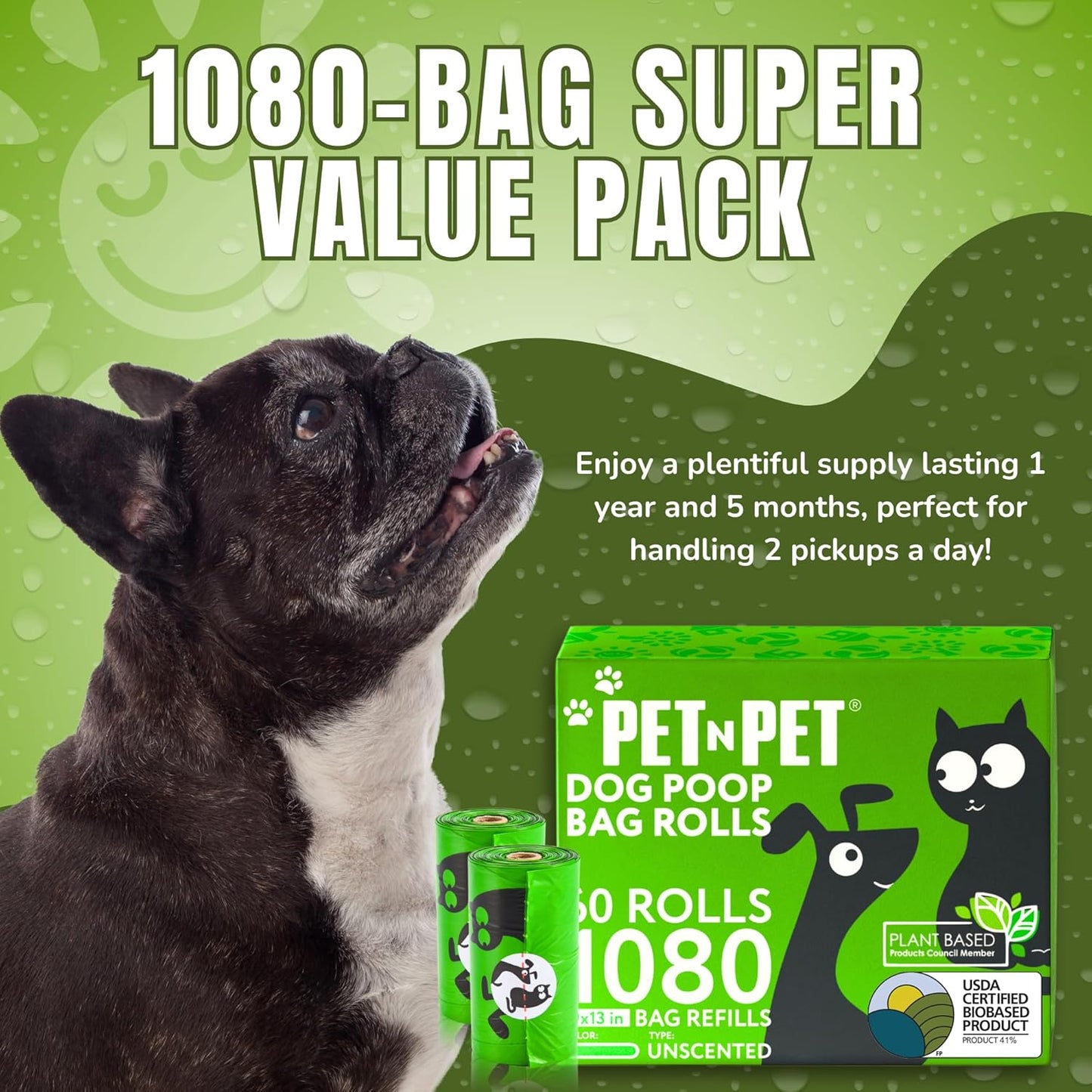Dog Poop Bags - USDA Certified 41% Plant-Based Doggy Poop Bags - Leak-Proof Sac Caca Chien Refill Rolls (1080 Count, Unscented, Green)