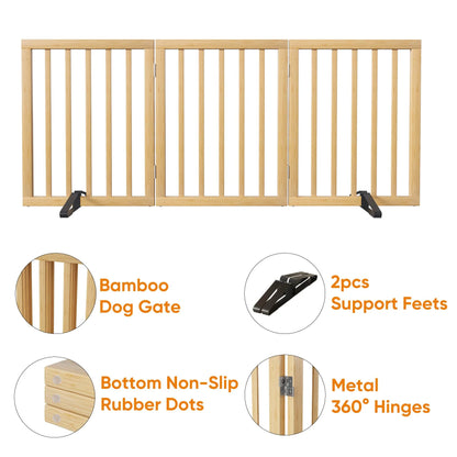 Bamboo Dog Gate Freestanding Pet Gate with 2 Support Feet for Doorways,Natural,24"H