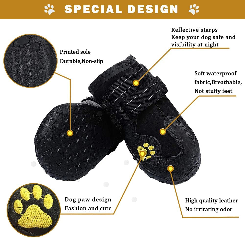 Waterproof Dog Boots, Dog Outdoor Shoes for Medium to Large Dogs with Two Reflective Fastening Straps and Rugged Anti-Slip Sole (3.15" X 2.95",Black 4PCS).