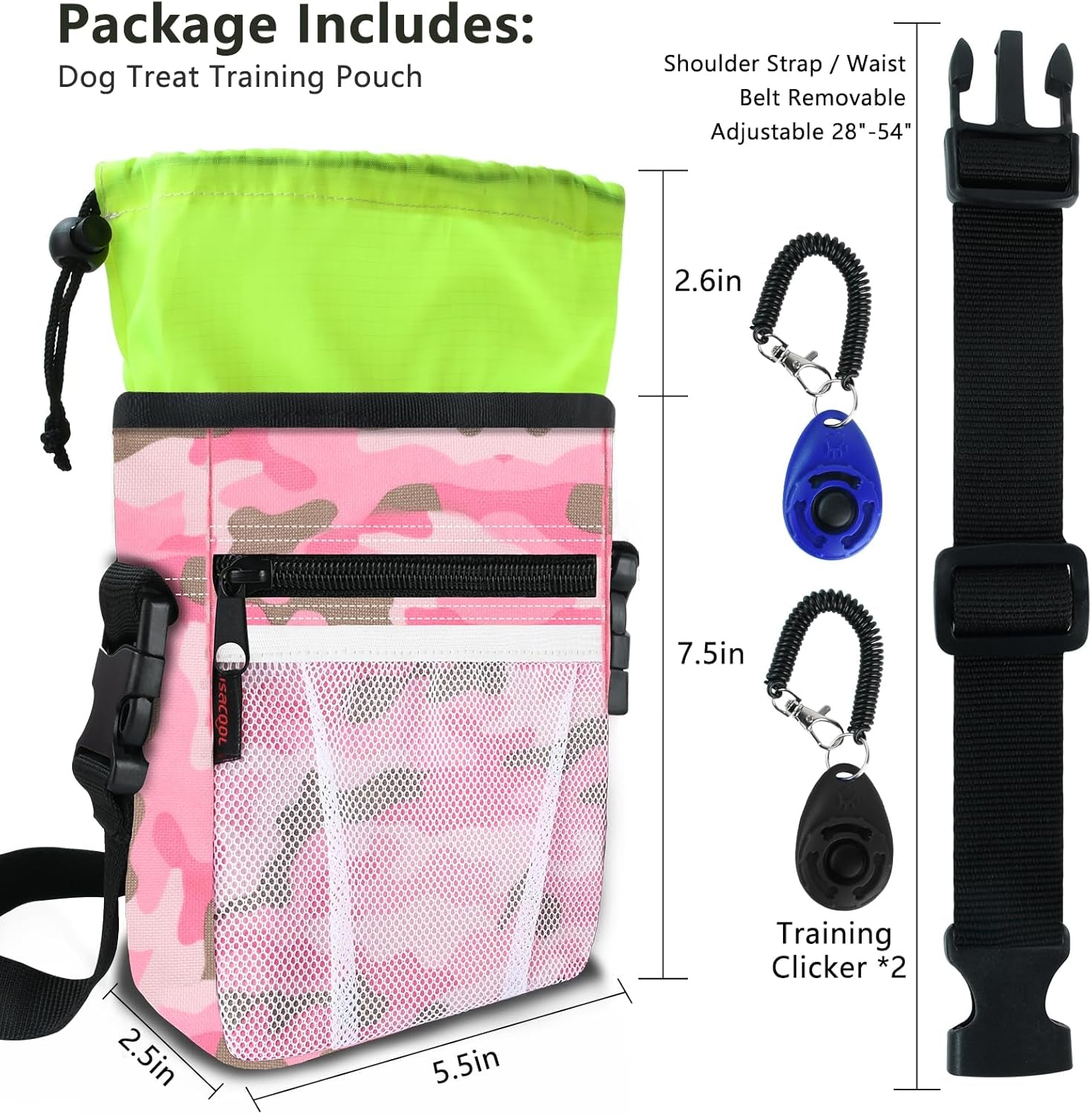 Dog Treat Pouch with 2 Pieces Pet Training Clickers Dog Training Treat Pouch-Hands-Free Design-Easily Carries Treats Pet Toys Personal Items-4 Ways to Wear Perfect for Walking or Training