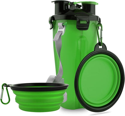 Dog Travel Water Bottle Collapsible Bowls, 2 in 1 Pet Food Container with Collapse Bowls, Outdoor Portable Water Bowls for Walking, Traveling, Camping and Hiking (Green)